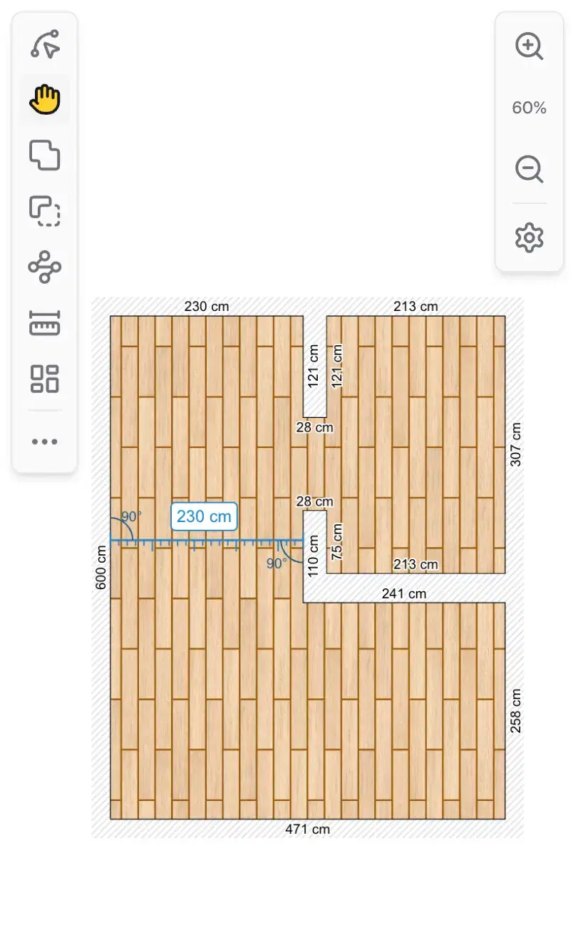 The HandyLay planner with a 471 × 600 cm floor plan: two rooms divided by a partition wall, wood-textured panels laid with staggered joints, every wall dimensioned and a 230 cm ruler.